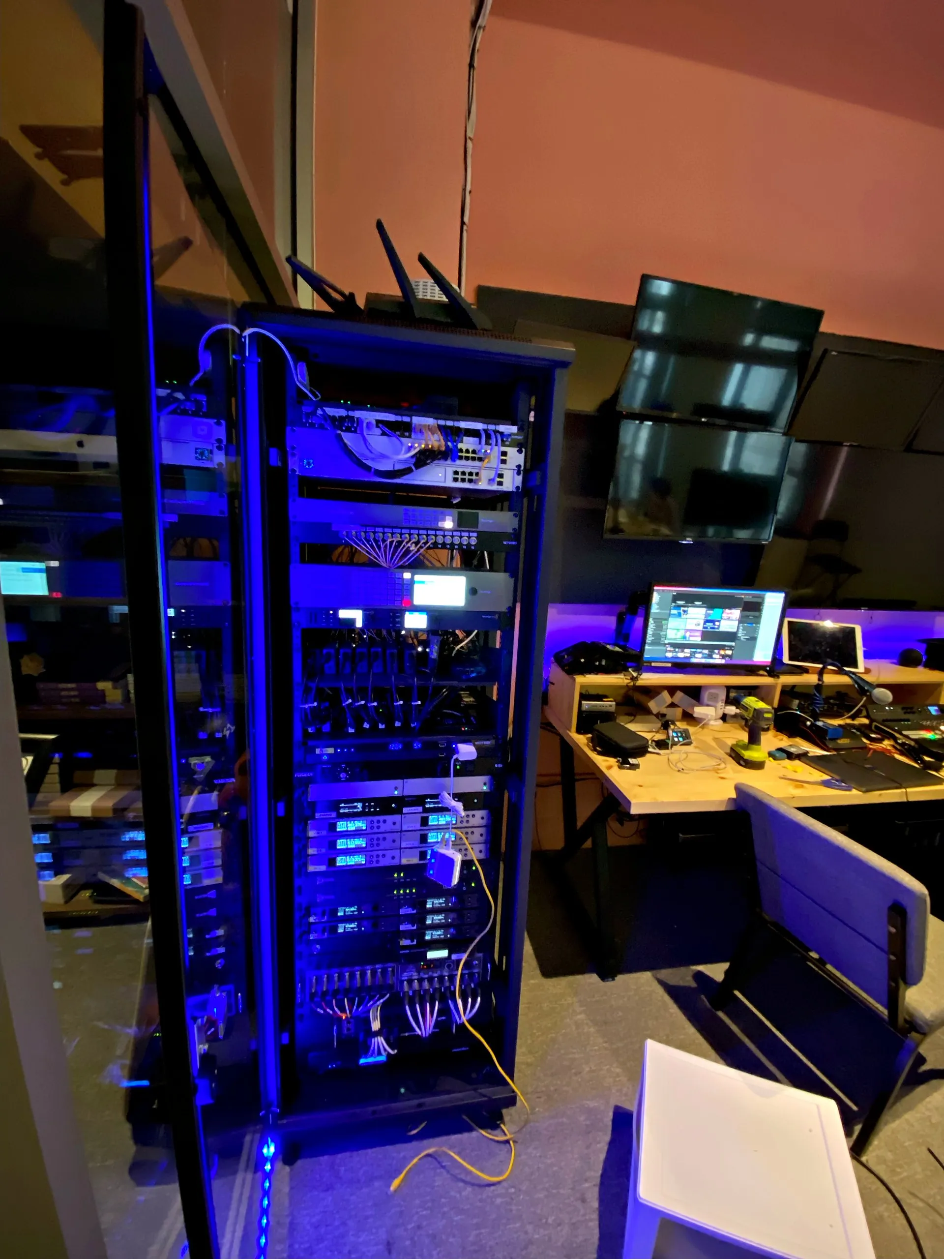 Network rack with patch panels and organized cabling