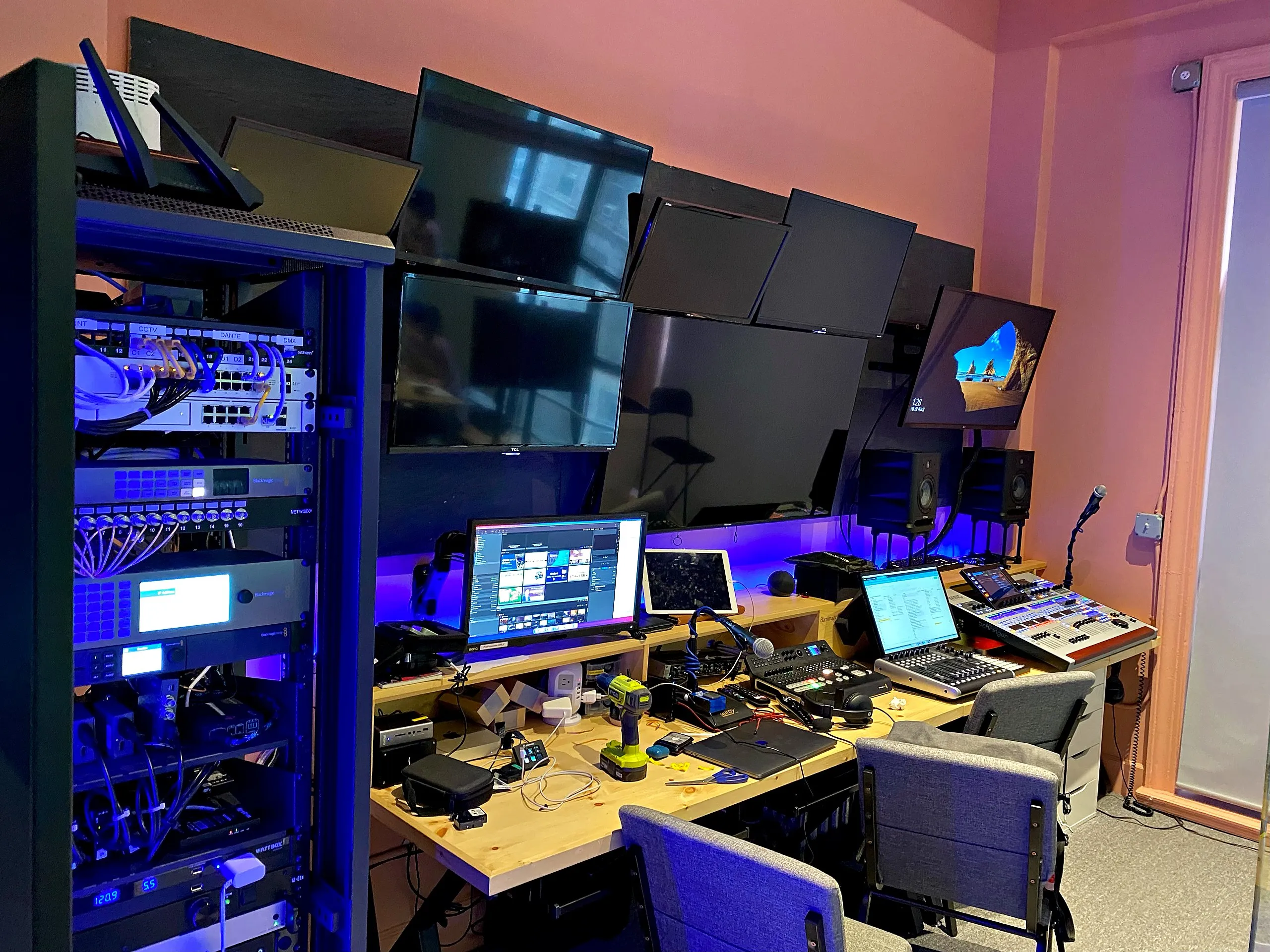 Equipment racks and workstations in a control room