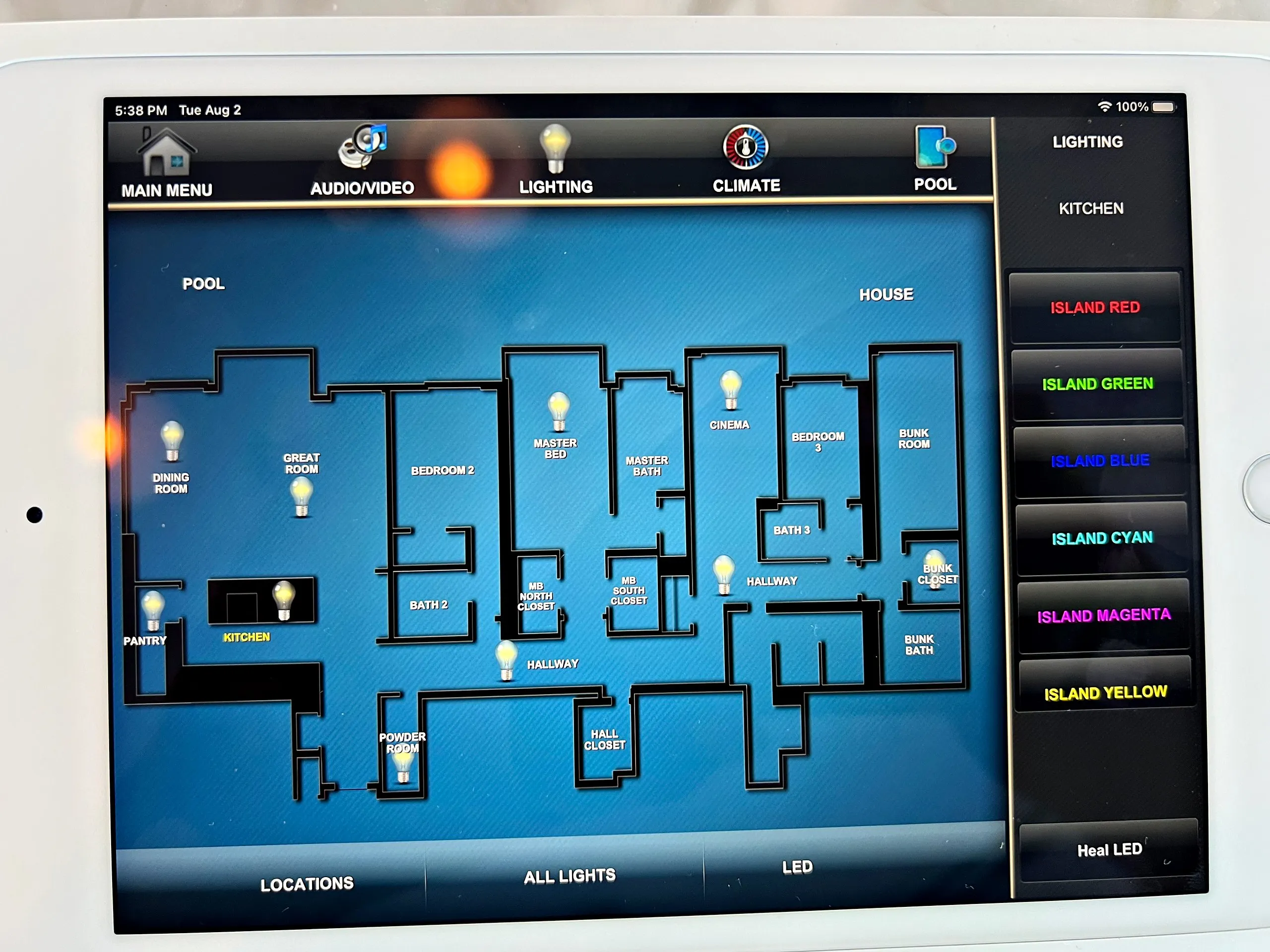 Smart home touch panel showing a floor plan of the lights